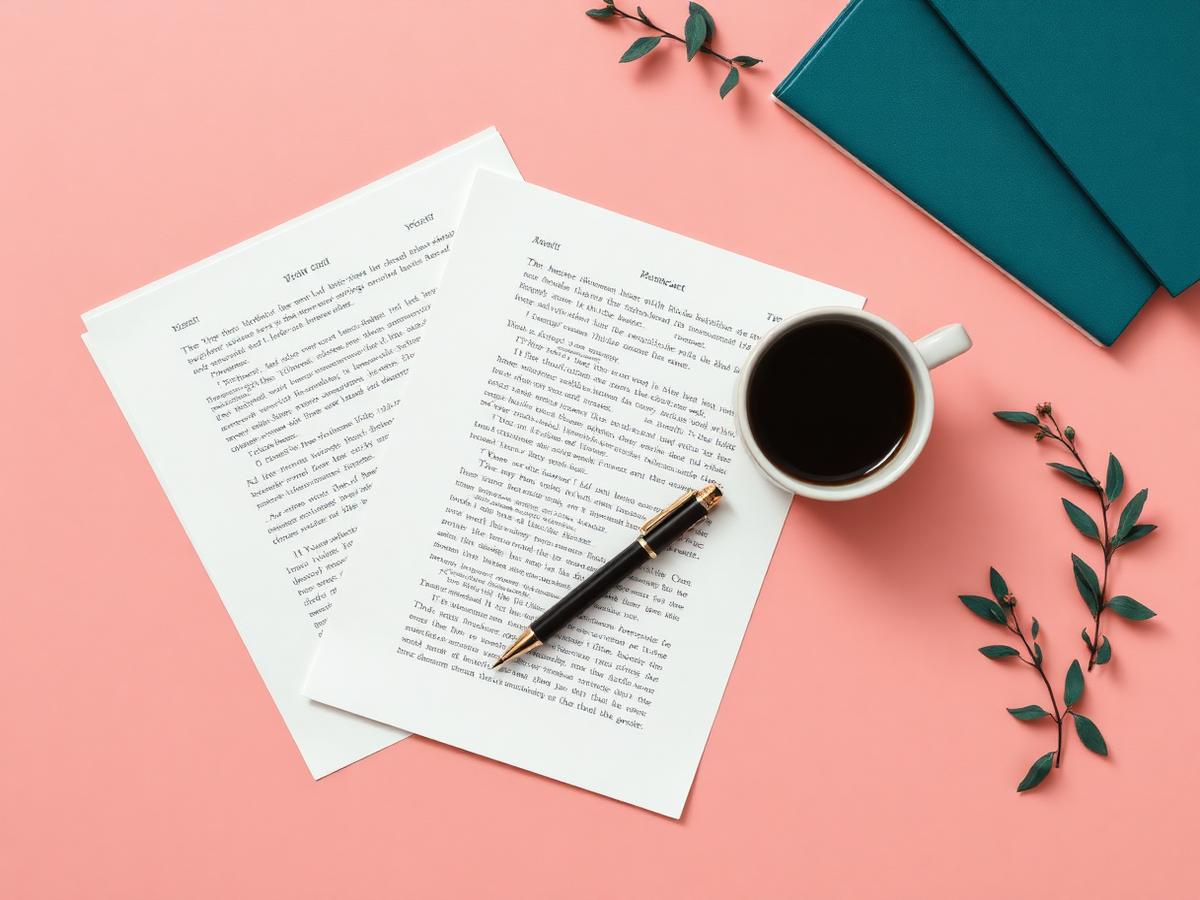 Manuscript pages, a pen and coffee on a rose-coloured desk