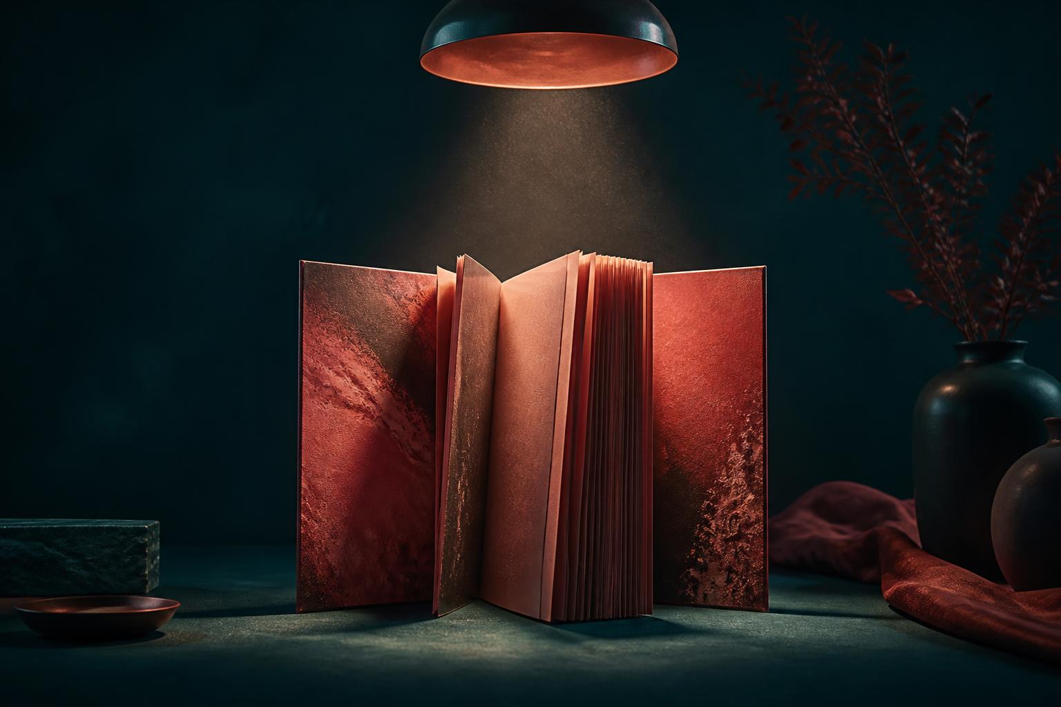 An open book lit by a hanging lamp on a deep teal desk